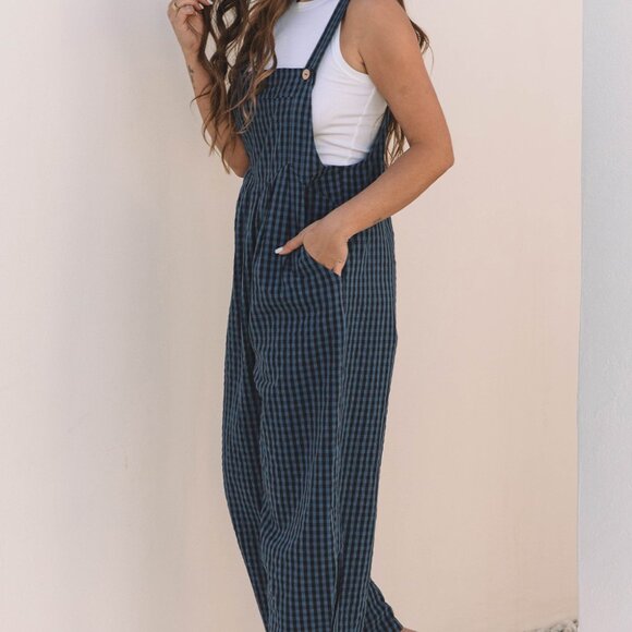 B243 Sail Blue Plaid Print Buttoned Pocketed High Waist Overall - Picture 5 of 16